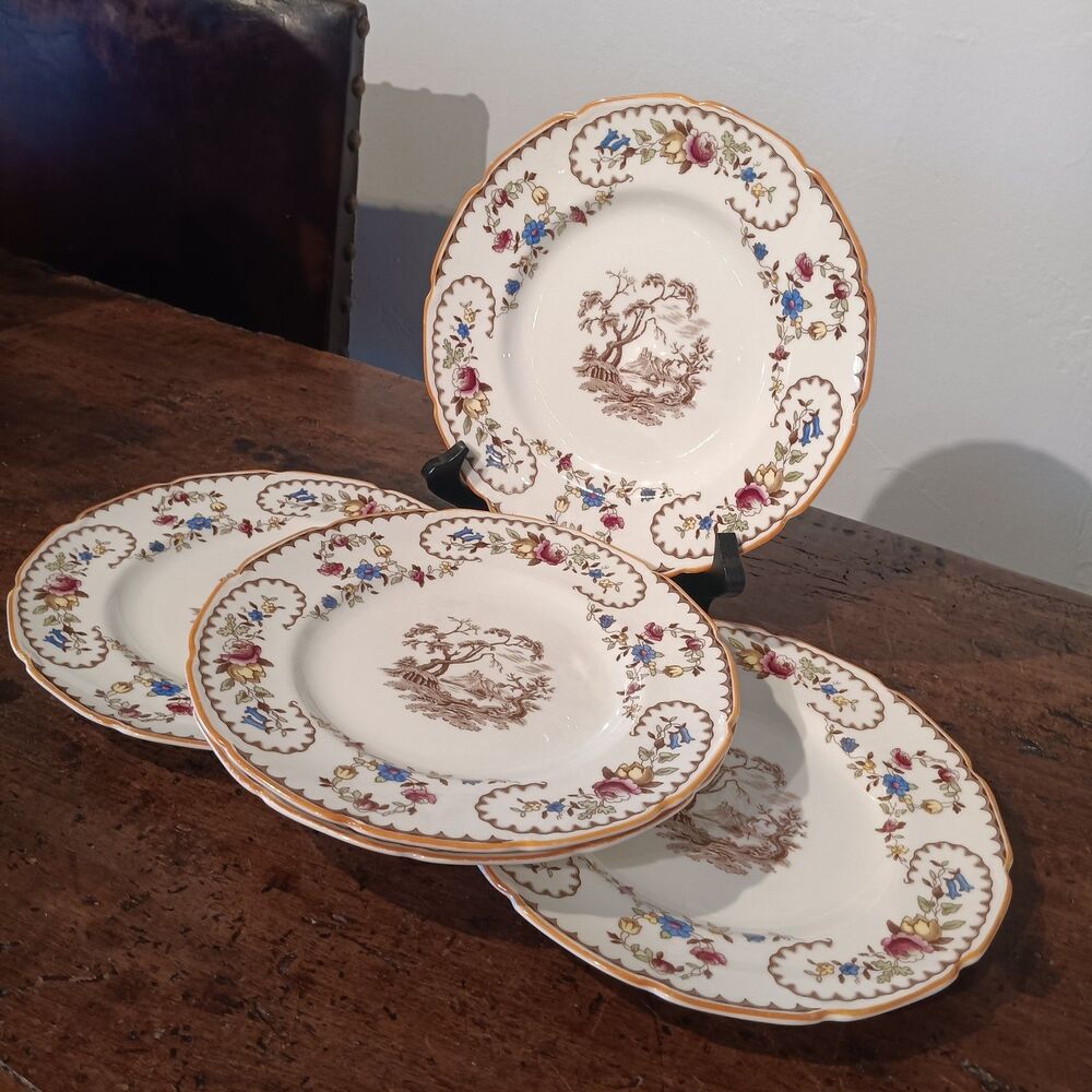 Vtg Royal Doulton The Beaufort set of 5 Salad Plates V1630 Floral landscape